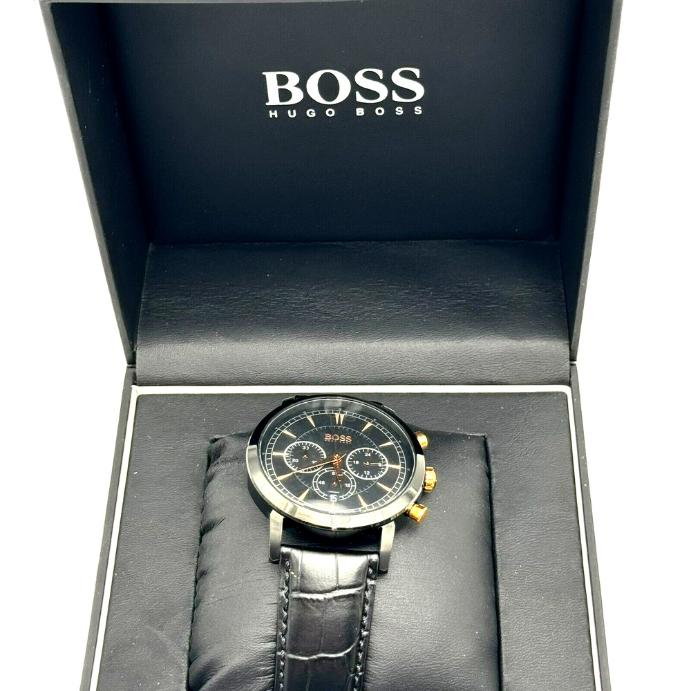 HUGO BOSS Black Gold Dial Watch Croc Embossed Leather Band‎ Water-Resistant Date